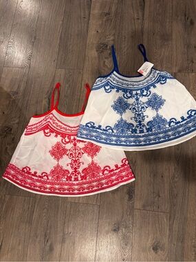 Embroidered Print Spaghetti Strap Tank Top - White with Red / White with Blue